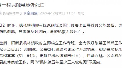 湖北阳新通报一村民触电死亡：私架电线嫌疑人在逃，“五年三人被电死”不实