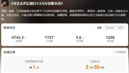 热搜第一！父亲去世后银行5.5万存款取不出，法院判了