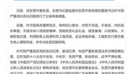 广东省东莞市谢岗镇党委原书记叶可阳被“双开”