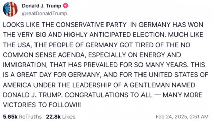 德国大选结果出炉，特朗普：这是伟大的一天