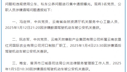 云南省纪委监委通报3名党员、公职人员涉嫌酒驾问题